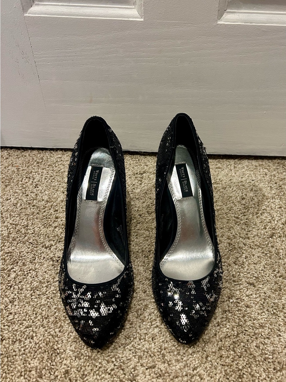 White House Black Market Black Sequin Pointed-Toe Heels
